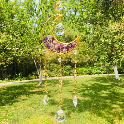 Wire Wrapped Natural Amethyst Chips & Moon Hanging Ornaments PW-WG515F2-02-1