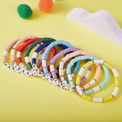 10Pcs 10 Style Encourage Word Polymer Clay Heishi Surfer Stretch Bracelets Set with Heart BJEW-SW00041-1
