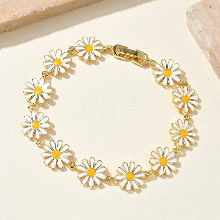 Brass & Enamel Daisy Link Chain Bracelets for Women BJEW-A171-03G-1