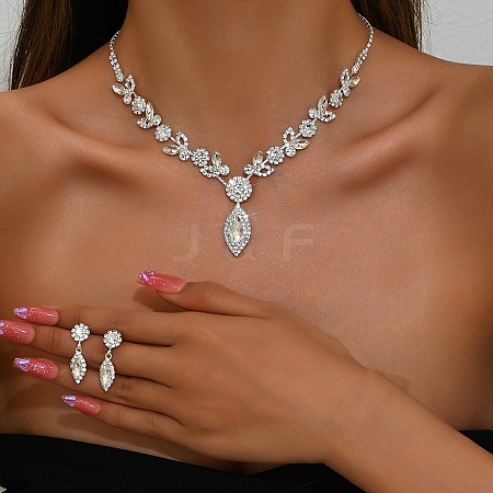 Leaf Brass Rhinestone Stud Earrings & Pendant Necklaces Set for Women SJEW-M102-01S-1