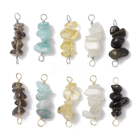 10Pcs 5 Styles Constellation Natural Smoky Quartz & Rose Quartz & Golden Sheen Obsidian & White Moonstone & Aquamarine Copper Wire Wrapped Chip Beaded Connector Charms PALLOY-JF02905-12-1