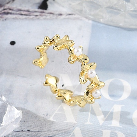 Flower Brass Open Cuff Rings for Women RJEW-R011-09G-01-1