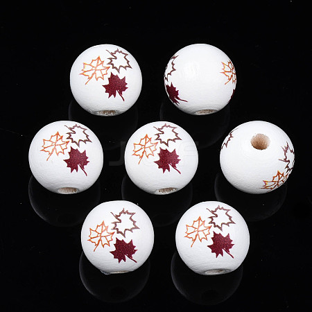 Autumn Theme Printed Natural Wood Beads WOOD-S057-090-1