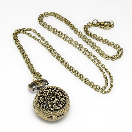 Alloy Flat Round with Flower Pendant Necklace Pocket Watch X-WACH-N011-56-1
