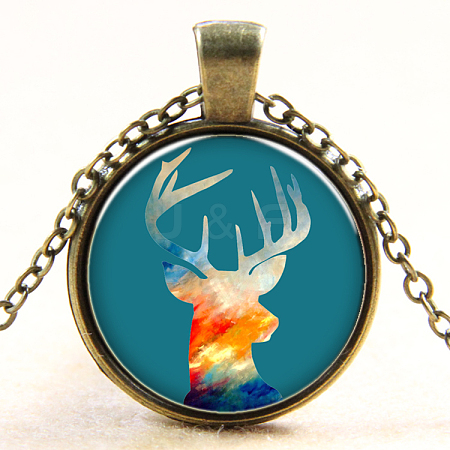 Christmas Reindeer/Stag Pattern Flat Round Glass Pendant Necklaces NJEW-N0051-034G-01-1