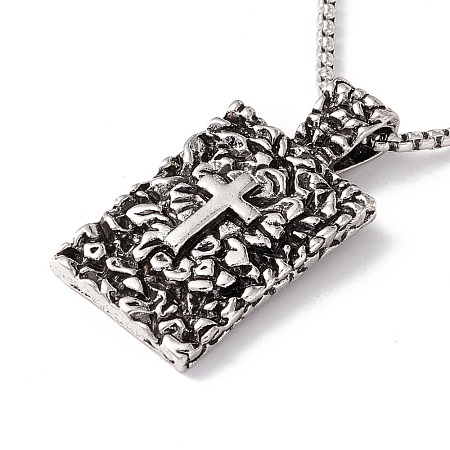 Alloy Rectangle with Cross Pendant Necklace with 201 Stainless Steel Box Chains NJEW-E016-01AS-1