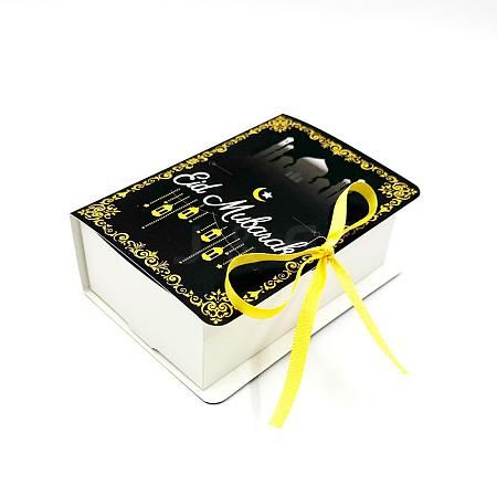 Eid Mubarak Cardboard Paper Book Shaped Candy Gift Boxes with Yellow Ribbon CON-WH0201-006-1