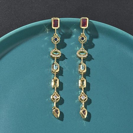 Rectangle with Teardrop Brass Micro Pave Cubic Zirconia Dangle Stud Earrings EJEW-G452-10G-1