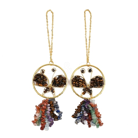 Butterfly Brass & Natural Tiger Eye Pendant Decorations HJEW-Z007-04G-03-1