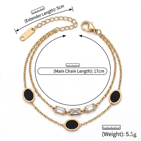 304 Stainless Steel Crystal Rhinestone Rectangle & Acrylic Oval Link 2-strand Bracelets for Women WGEBB33-02-1