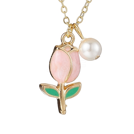 Alloy Enamel Tulip & Round Shell Pearl Pendants Necklaces NJEW-JN04786-1