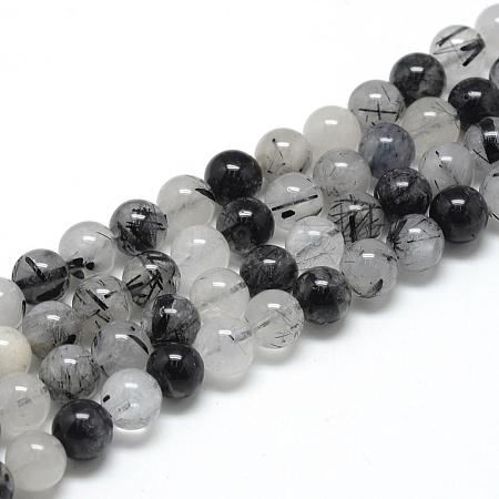 Natural Black Rutilated Quartz Beads Strands G-R446-8mm-26-1