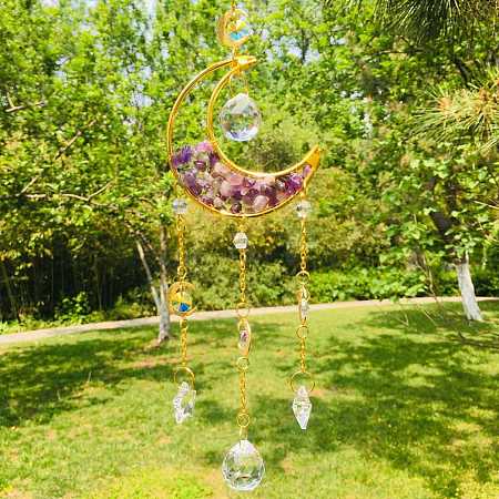 Wire Wrapped Natural Amethyst Chips & Moon Hanging Ornaments PW-WG515F2-02-1