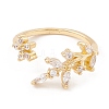 Clear Cubic Zirconia Flower and Leaf Open Cuff Ring KK-E005-08G-2