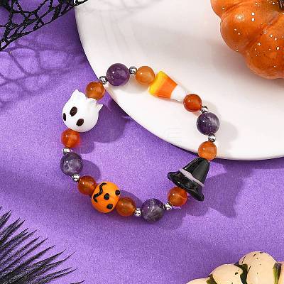 Handmade Lampworrk Ghost Pumpkin and Round Natural Amethyst & Red Agate Beaded Stretch Bracelets for Women BJEW-TA00766-1