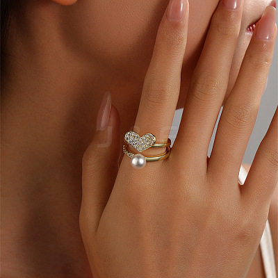 Heart Brass Micro Pave Cubic Zirconia Open Cuff Ring for Women LS-RJEW-F154-03G-A-1