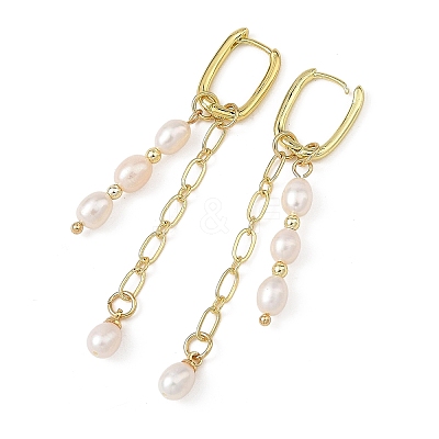 Brass & Natural Pearl Hoop Dangle Earrings EJEW-JE07390-1
