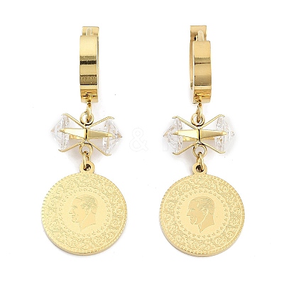 Flat Round with Humen 304 Stainless Steel Dangle Earrings EJEW-L283-060G-1