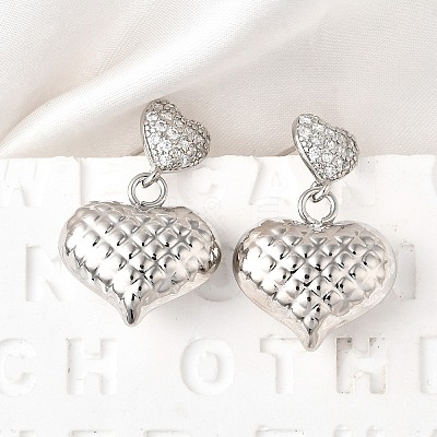 Textured Heart Brass Micro Pave Clear Cubic Zirconia Dangle Stud Earrings EJEW-Z099-02P-01-1