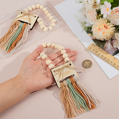 2Pcs Wood Beads & Cotton Tassels Hanging Ornaments HJEW-BC00086-1
