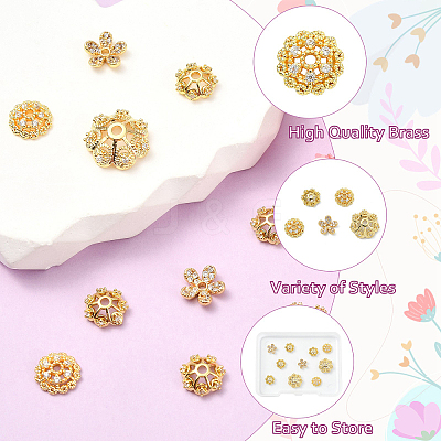 10Pcs 5 Styles Rack Plating Flower Brass Micro Pave Clear Cubic Zirconia Bead Caps KK-CJ0002-73-1