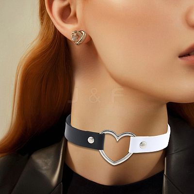 Adjustable Gothic Two Tone PU Leather Alloy Heart Choker Necklaces for Women NJEW-WH20816-007P-F-1