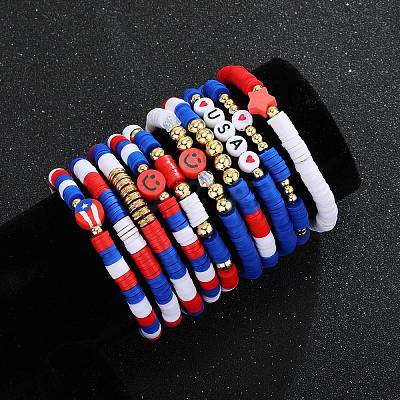 10Pcs Independence Day Theme Handmade Polymer Clay Beads Stretch Bracelets BJEW-SW01605-1