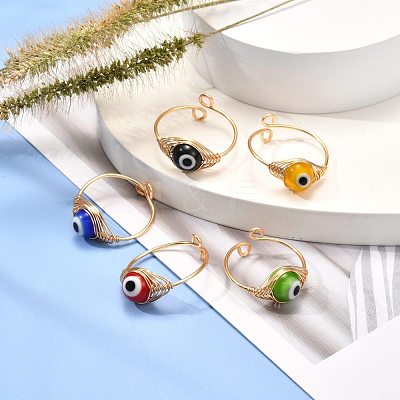 Copper Wire Wrapped Handmade Lampwork Adjustable Rings for Women or Men RJEW-JR00389-1