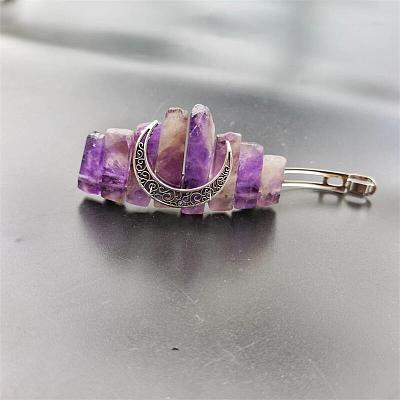 Bohemian Style Natural Amethyst & Hollow Moon Crown Hair Barrettes PW-WG66000-01-1