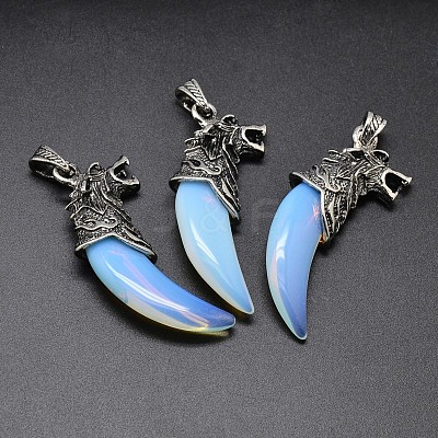Tusk with Wolf Antique Silver Zinc Alloy Opal Big Pendants G-F228-63K-FF-1