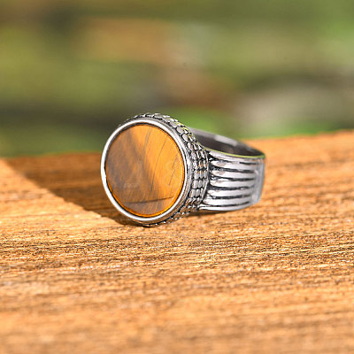 304 Stainless Steel with Natural Tiger Eye Finger Rings for Men FS-WGE1297-03-1