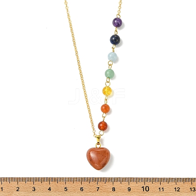 Chakra Natural Mixed Stone Heart Pendant Brass Cable Chain Necklaces for Women NJEW-JN06267-1