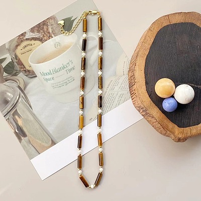 Natural Tiger Eye Column & White Shell Beaded Necklaces WN0722-1