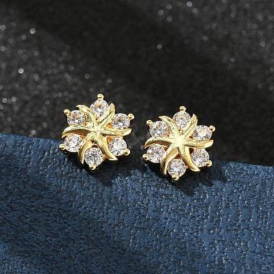 Flower Brass Micro Pave Clear Cubic Zirconin Stud Earrings EJEW-D318-10G-1