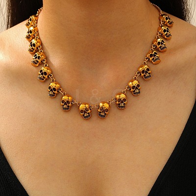 Halloween Skull Alloy Bib Necklaces for Women NJEW-A061-01AG-1