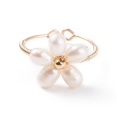 Flower Copper Wire Wrapped Pearl Finger Rings RJEW-TA00027-1