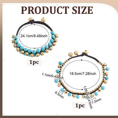 Bohemian Synthetic Turquoise & Brass Bell Tassel Braided Waxed Cord Anklets & Bracelets for Women SJEW-PH0001-30-1