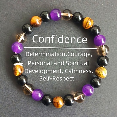 Round Natural Tiger Eye & Black Obsidian & Amethyst & Smoky Quartz Beads Stretch Bracelets for Girl Women FS-WGE0C43-09-1