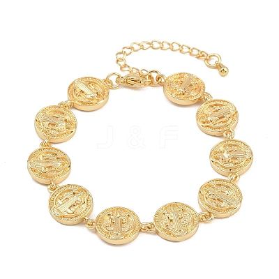 Flat Round with Saint Benedict Brass Link Chain for Women BJEW-K248-06A-G-1
