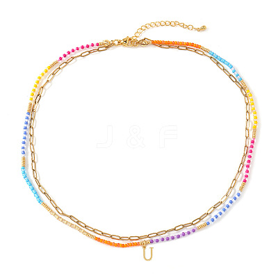 Colorful Glass Seed Beaded Initial Pendant Double Layer Necklaces QS3881-21-1