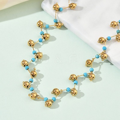 304 Stainless Steel & Faceted Round Synthetic Turquoise Beaded Necklaces for Women NJEW-C119-03A-1