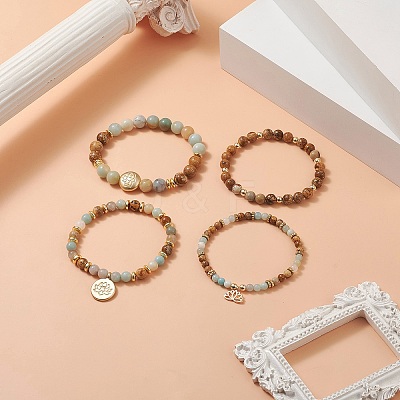 Natural Flower Amazonite & Picture Jasper Beaded Stretch Bracelets Sets with Non-Magnetic Synthetic Hematite BJEW-JB09280-1