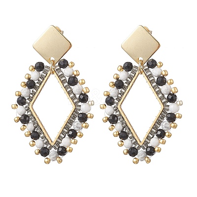 Rhombus Mixed Stone & Glass Seed Beads Dangle Stud Earrings EJEW-MZ00666-01-1