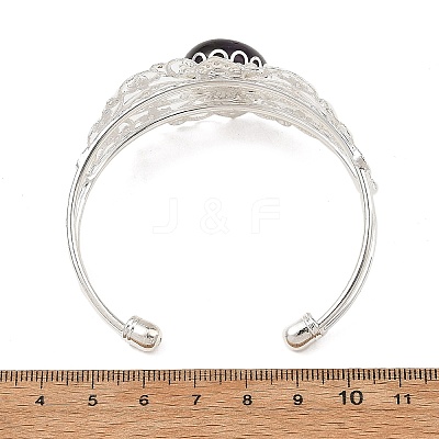 Oval Natural Mixed Stone Brass Hollow Floral Cuff Bangles for Women BJEW-JB14504-1