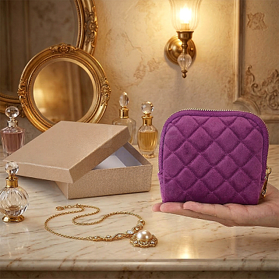Rhombus Textured Velvet Jewelry Storage Zipper Pouches for Earrings Rings Bracelets Necklaces ABAG-WH0085-012F-1