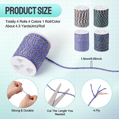 4 Rolls 4 Colors 4-Ply Polycotton Cord with Metallic Thread OCOR-TA0003-33D-1