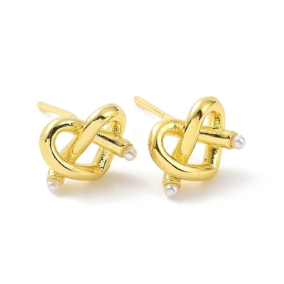 Rack Plating Brass Wire Wrapped Heart Stud Earrings with Plastic Beaded for Women EJEW-F299-02G-1