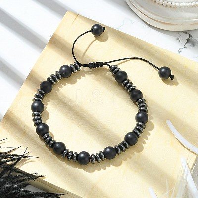 Black Glass & Non-magnetic Synthetic Hematite Round Braided Bead Bracelet BJEW-TA00440-1
