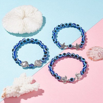 3Pcs 3 Style Evil Eye Resin Beaded Stretch Bracelets Set with Sea Turtle & Starfish & Shell for Women BJEW-JB07542-1