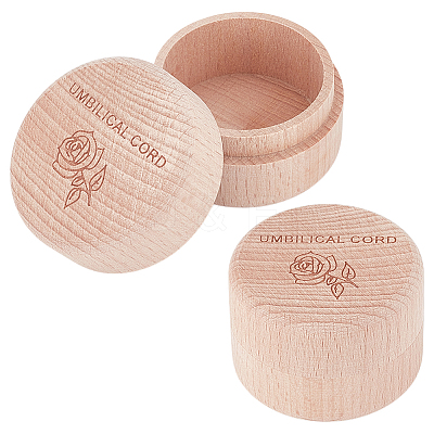 Round Wooden Umbilical Cord Storage Boxes with Carved Rose Pattern AJEW-WH0695-249-1